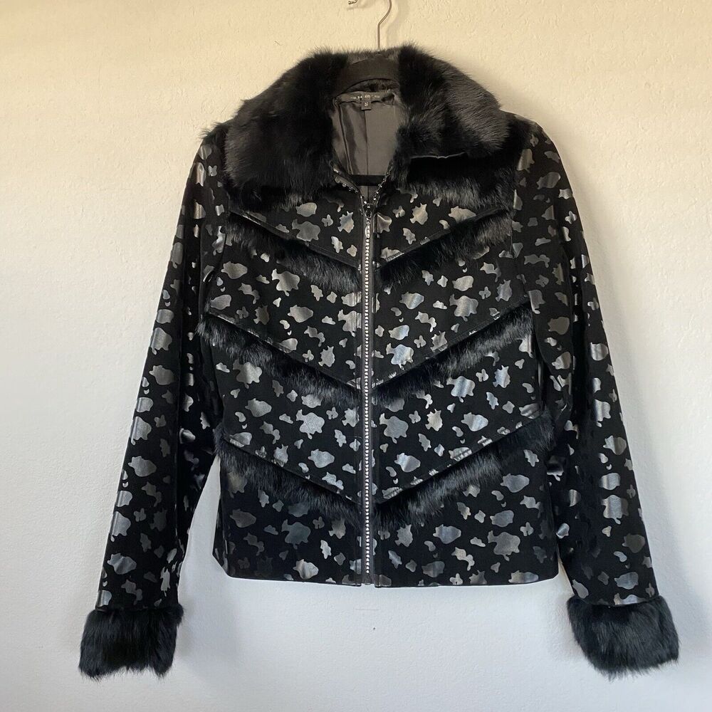 She’s Black Faux Leather Fur Trimmed Jacket Coat cropped Glam‎ Size Junior Small